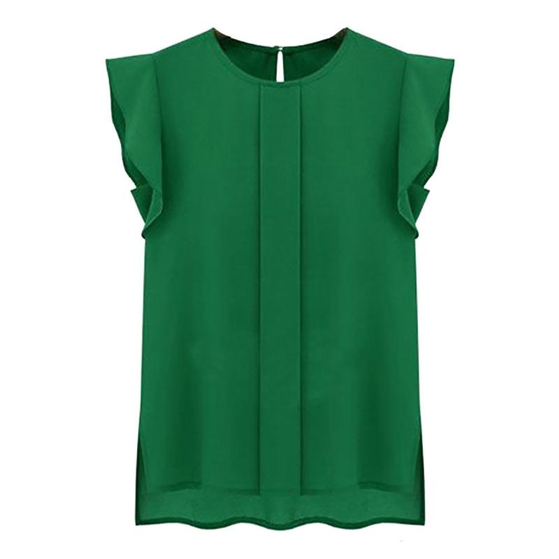 Round Neck Shirt Ladies Loose T-shirt Solid Color Flying Sleeves Stitching Chiffon Shirt Top