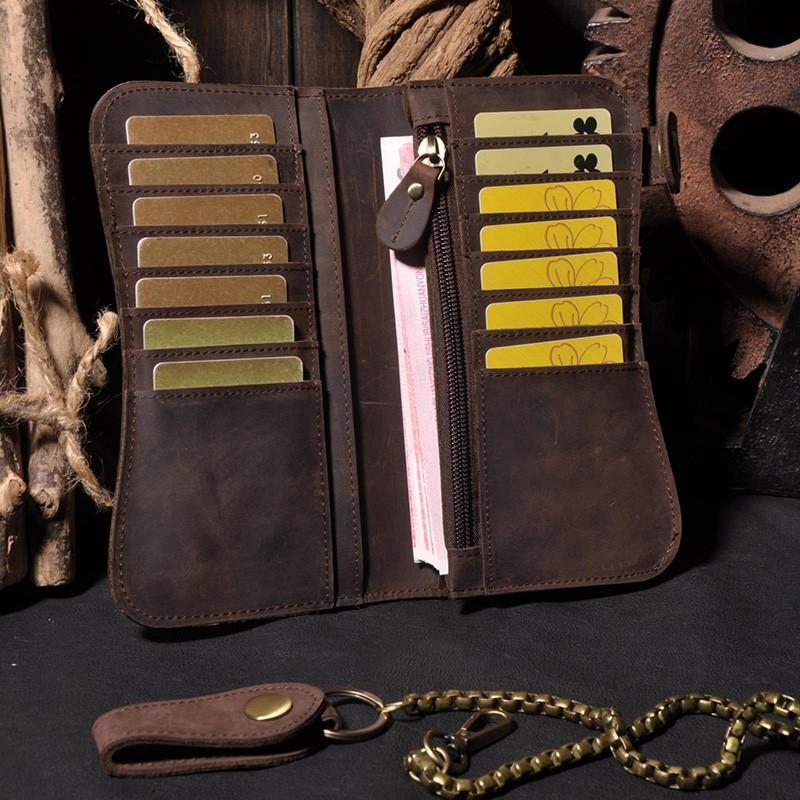 Men's Long Wallet Genuine Leather Vintage Bronze Chain Waist Chain Multi-Card Slots Billfold Wallet With Shoulder Strap For Men