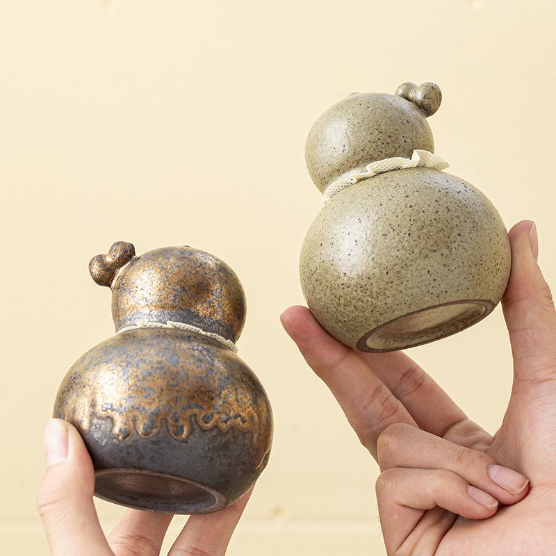 Ceramic Gourd Storage Jar Vintage Rustic Pottery Candy Jar Household Moisture-proof Container for Nuts Coffee Beans and Herbs