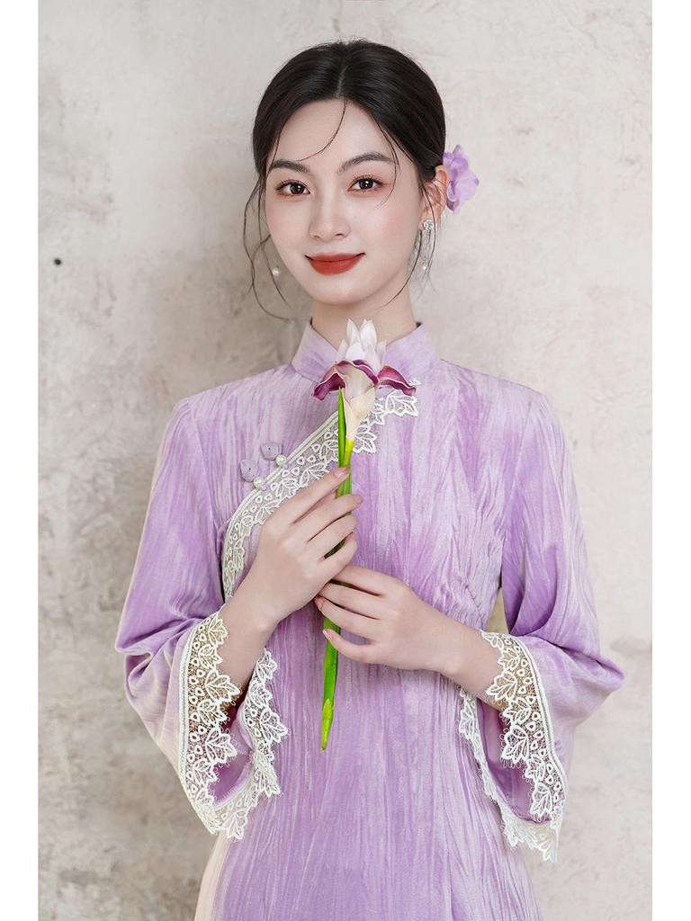 Youthful Purple Cheongsam: New 2025 Autumn/Winter Long Sleeve Chinese Style Dress