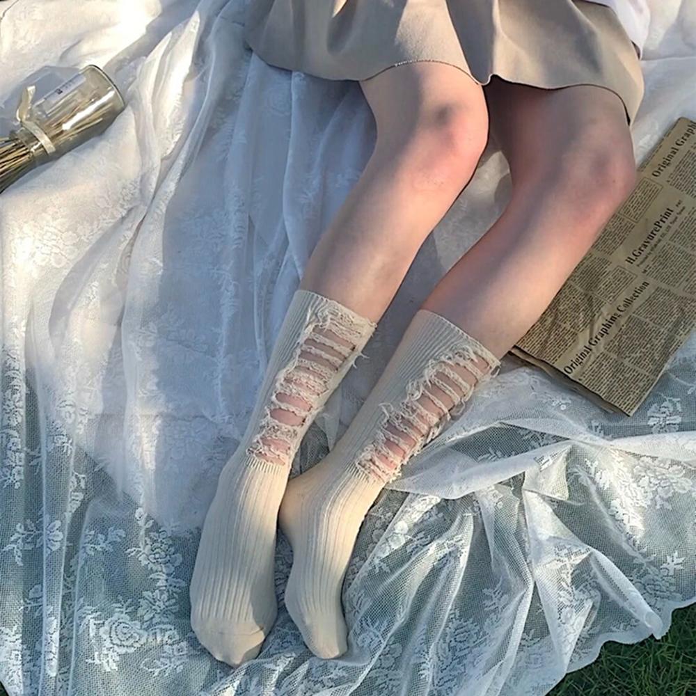 2021 New Destroyed Knit Broken Cotton Gothic Ripped Socks Hem Ribbed Beggar Socks Summer Stockings