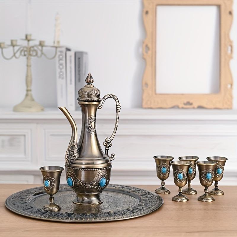 1 Set Retro High-end Inlaid Gemstone Metal Teaware Wineware Drinkware Set Hotel Restaurant On Tea Wine Props. Contains 1pcs Pot 1pcs Tray 6pcs Cups Su