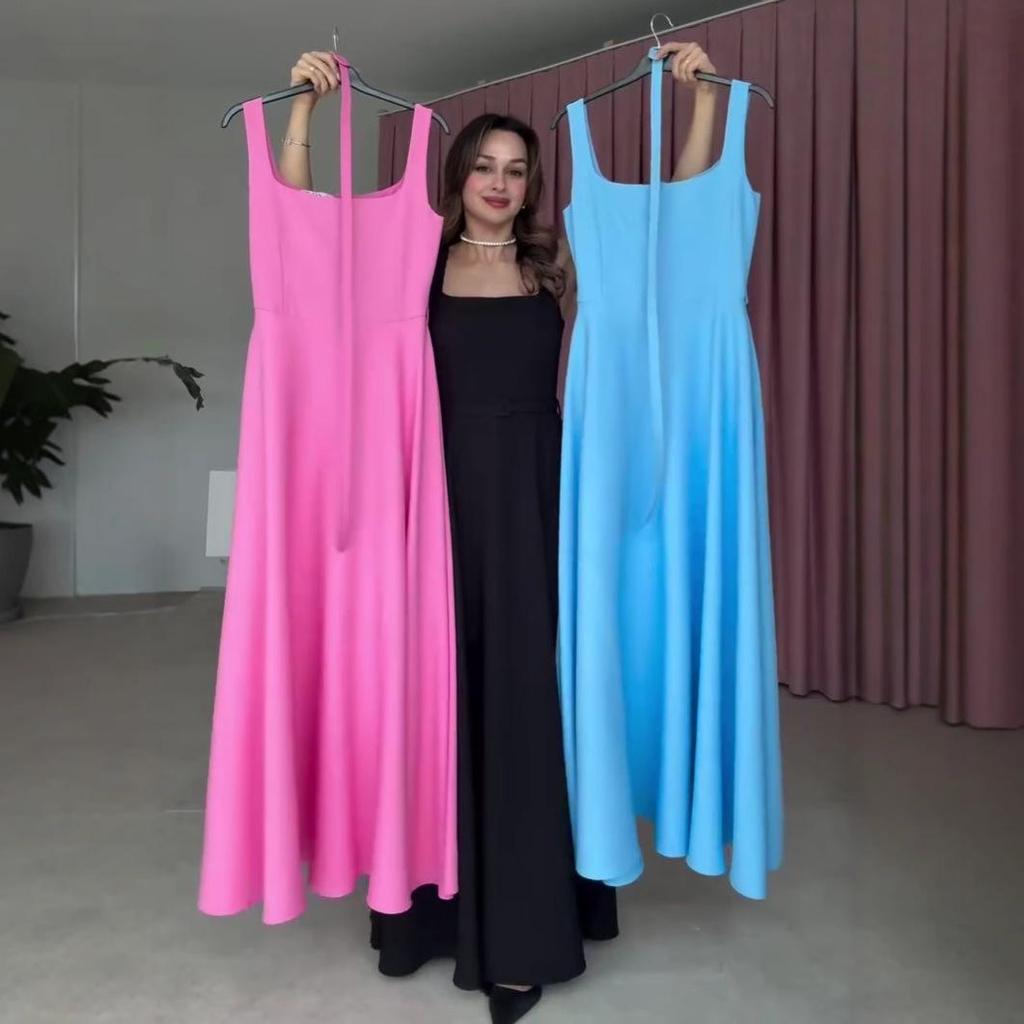 2025 Summer European & American Sleeveless French Low-Cut Belted Long Dress for Women