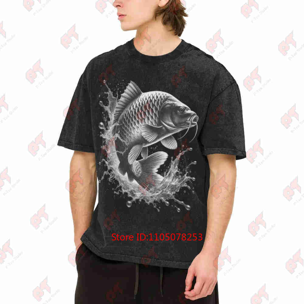 Carp Jumping Out Of The Water Fish Design Fishermen Vintage Washed Tee Pure Cotton T-Shirt