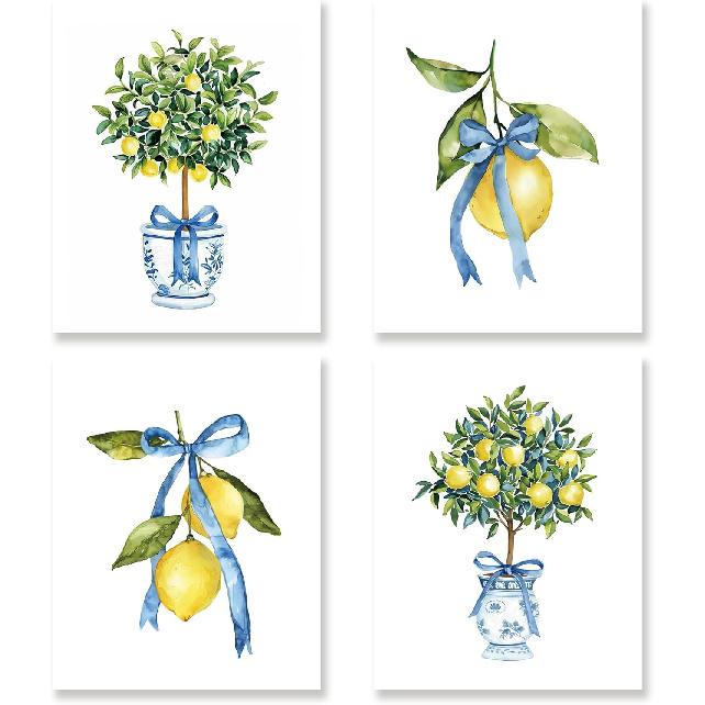 KSDUT Chinoiserie Vase Wall Art Decor Set of 4 - Lemon Tree Bows Artwork Poster Prints Blue and White Coquette Preppy Trendy Wall Decor for Home