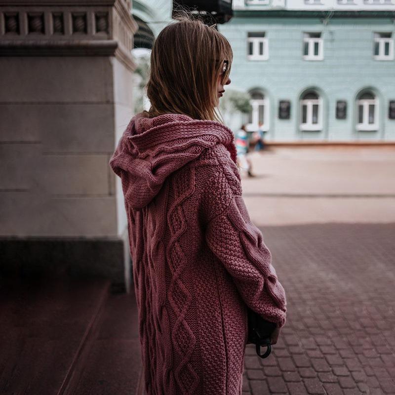 Autumn and Winter New Solid Color Hooded Long Cardigan Sweater Women's Twist Knitted Sweater