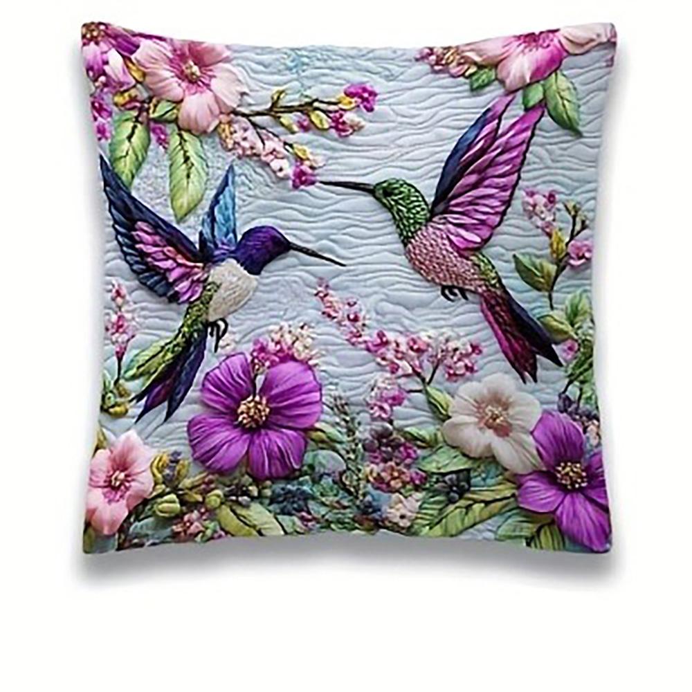 Exquisite Quilted Pillowcases with Vivid Hummingbird and Flower Patterns Sofa Cushion Cover Home Room Decoration