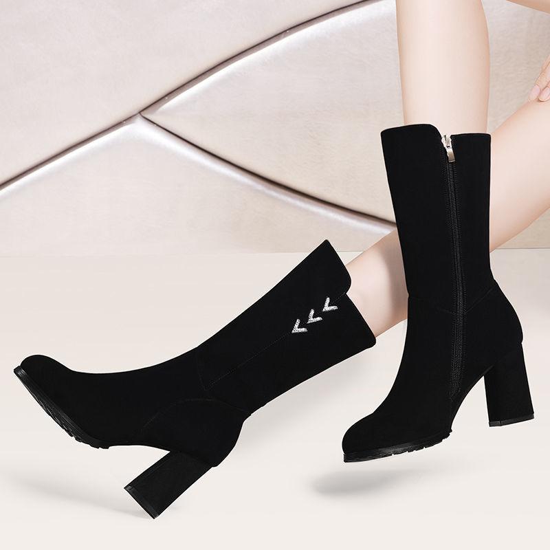 Black Pointed Toe Elegant Heeled Rhinestone Ladies Mid Calf Shoes Autumn Winter Fleece-Lined Comfortable Women's Half High Boots