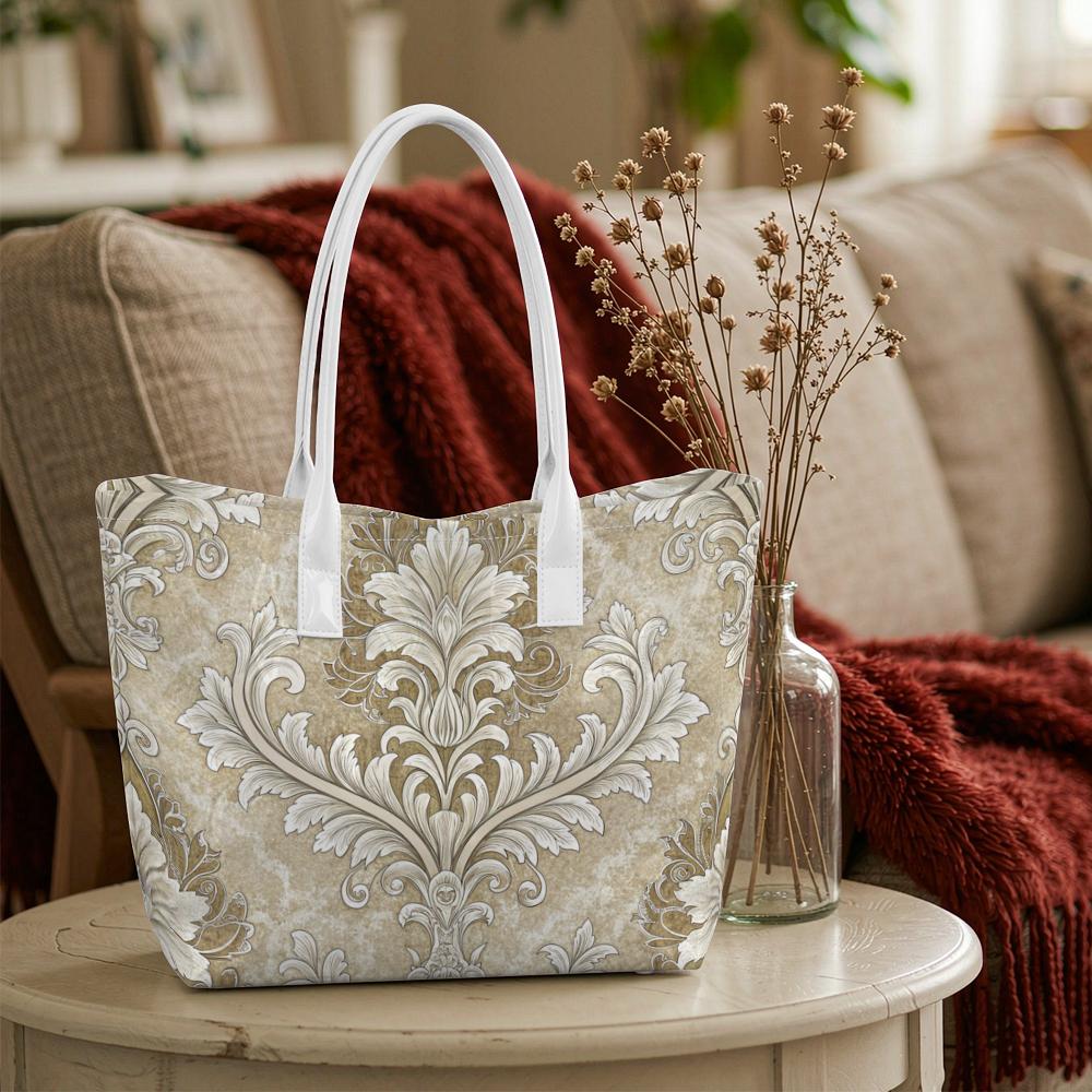 Vintage Damask Print Tote Bag Elegant Portable Daily Top Handle Shoulder Bag