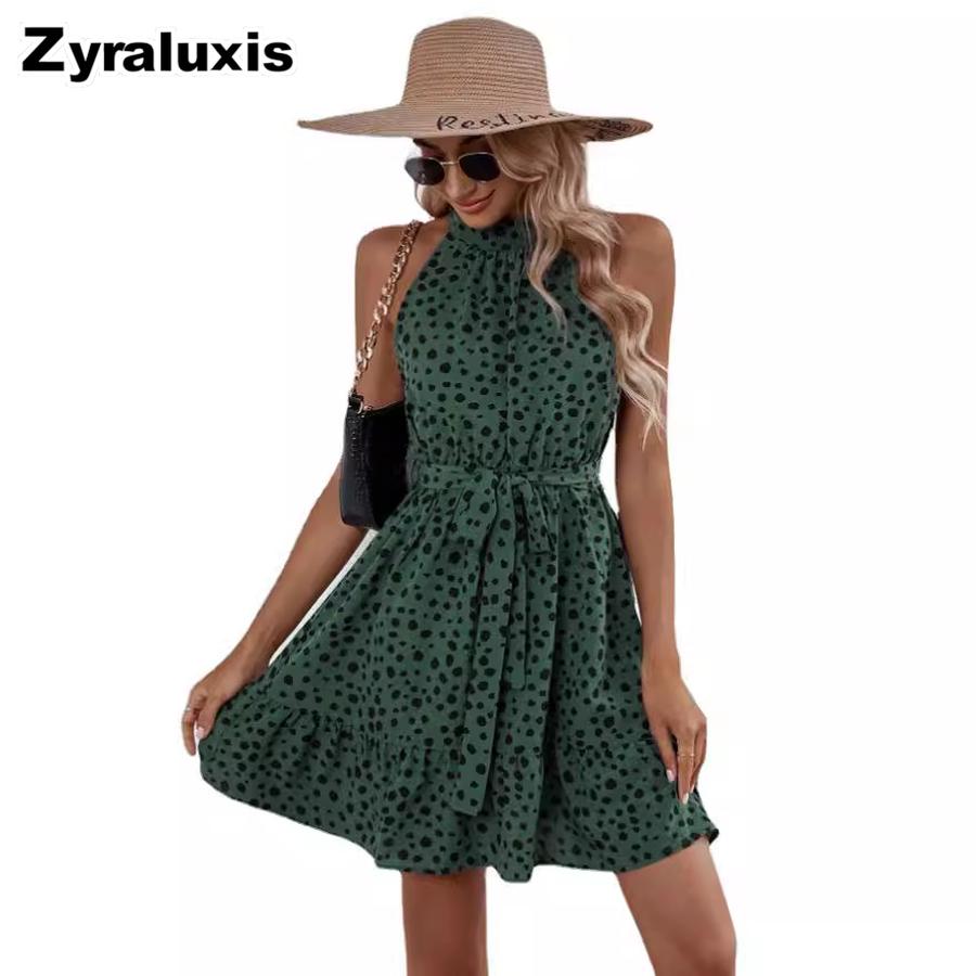 Summer New Women's Dresses Sleeveless Polka Dot Tie-Up Ruffled Hem Dress