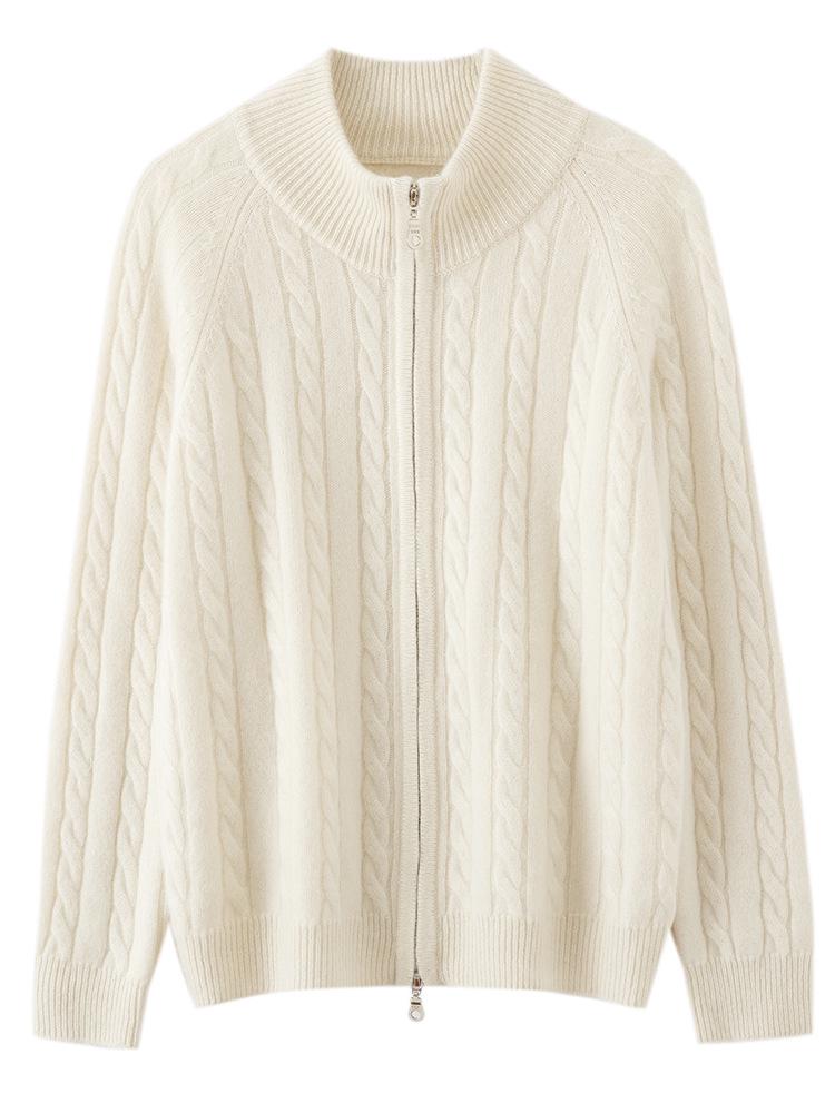 Pure Cashmere Cable Knit Zipper Cardigan Coat
