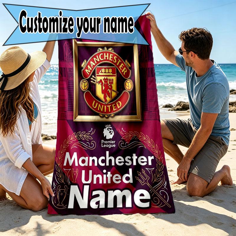 Custom Name Personalized Manchester United Print Beach Towel, for Trip Camping Beach Party Home Decor, Birthday Gift for Family & Friends