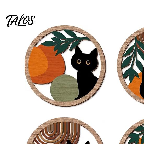 Nursery Wall Decor 4Pcs Black Cat Set, Boho Cartoon Hanging Art, Bedroom Art Farmhouse Rustic Wooden Plants Sign for Living Room Office Animal