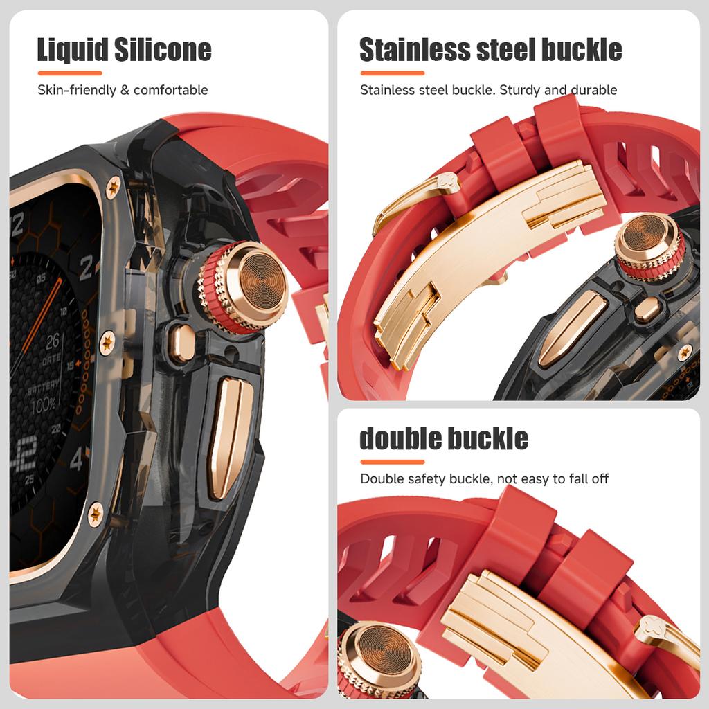 Prabangus modifikacijų rinkinys Apple watch Ultra 3/2/1 49mm Sportinis guminis dirželis+Dėklas Iwatch ultra 49mm Skaidrus Glacier dėklas Modifikavimo rinkinys