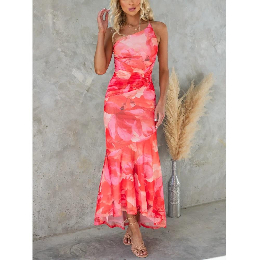 Women Summer Slash Neck Long Dresses Ladies Fashion Floral Printing Ruffle Hem Pleated Bodycon Party Maxi Dress