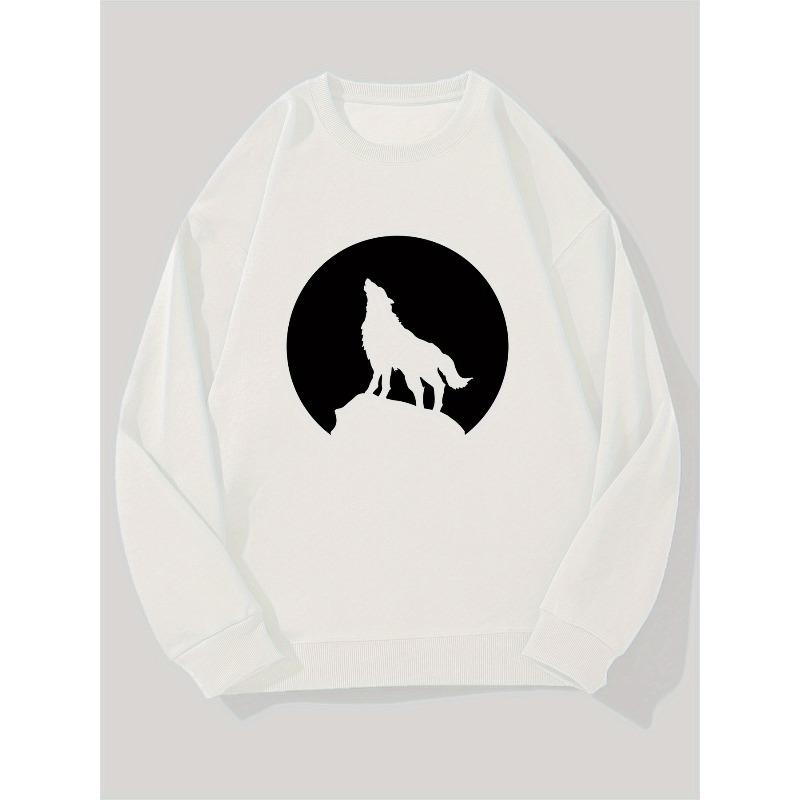 Men's Wolf Howling At Moon & Full Moon Phase Print Sweatshirt - Black & White Wolf Pack Design, Loose Fit Casual Pullover