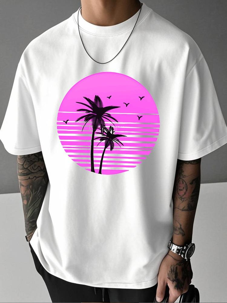 Unisex Summer White Short Sleeve Tee Retro Pink Sunset Palm Tree Seaside Bird Graphic Print Crew Neck Loose Male Casual Tops
