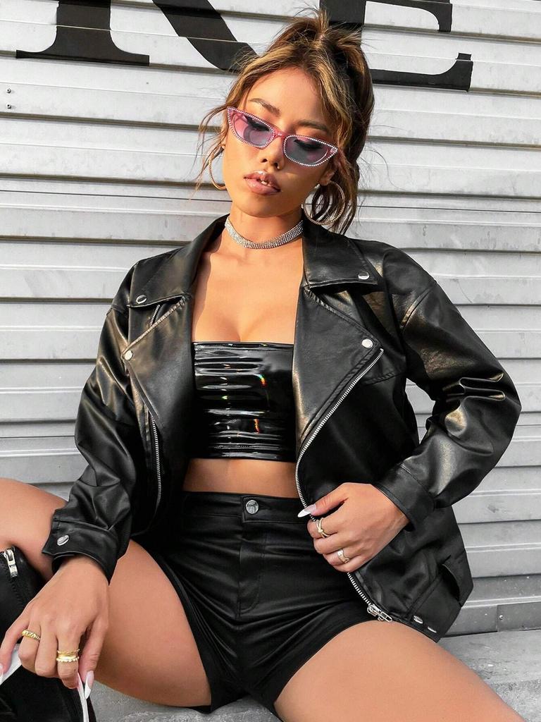 Rose Beauty A Drop Shoulder PU Deri Motosiklet Ceketi