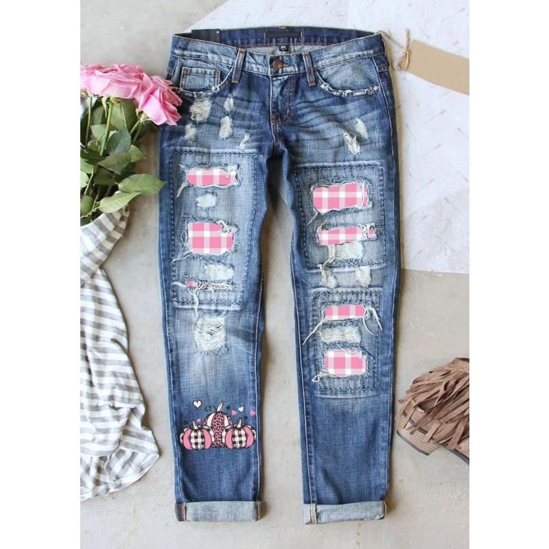 Women Mid Waist Straight Leg Ripped Printed Patchwork Denim Long Pants