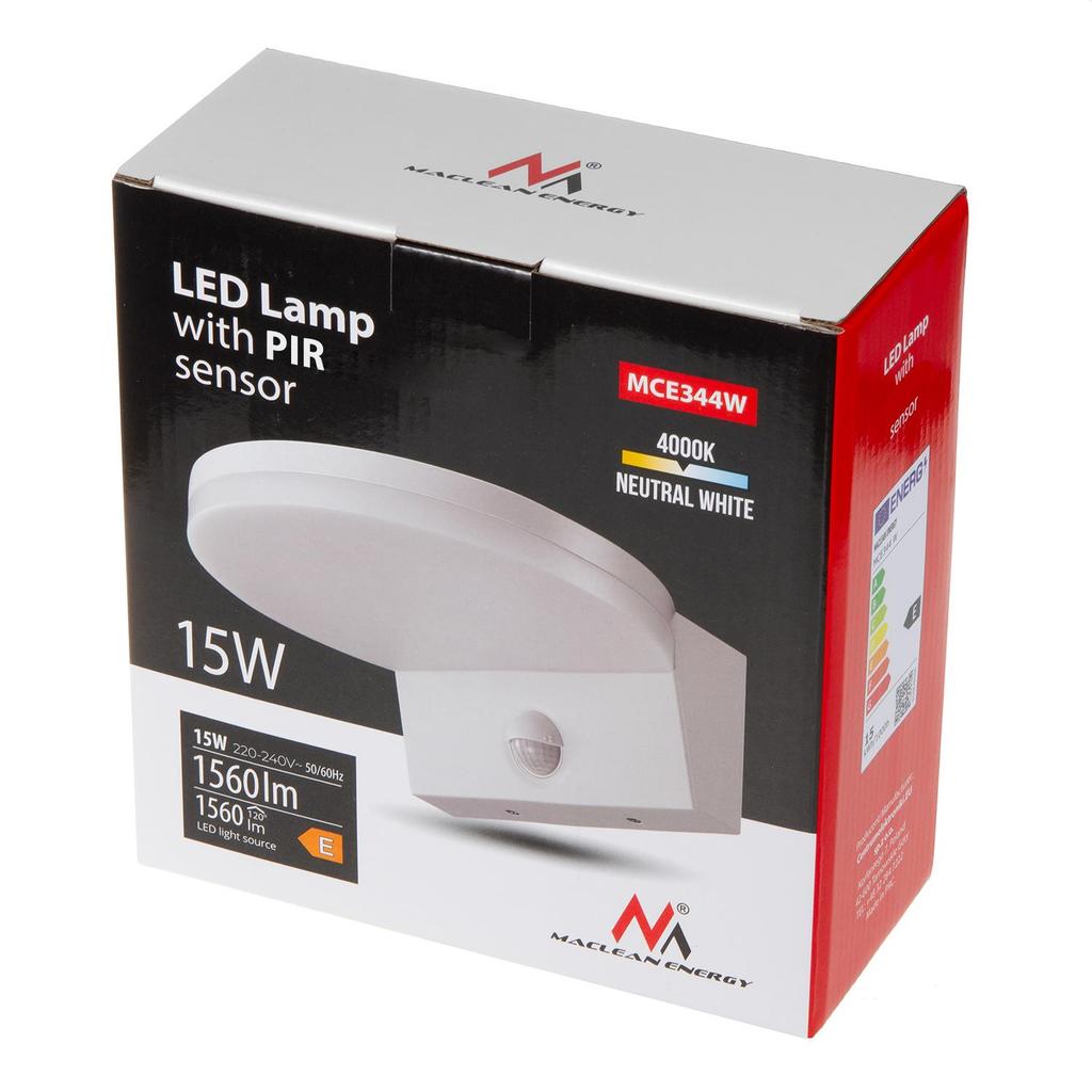 Lampa LED Z Czujnikiem Maclean MCE344 W, Czujnik Ruchu PIR, Kolor Biały, 15W, IP65, 1560lm, Barwa Neutralna Biała (4000K)