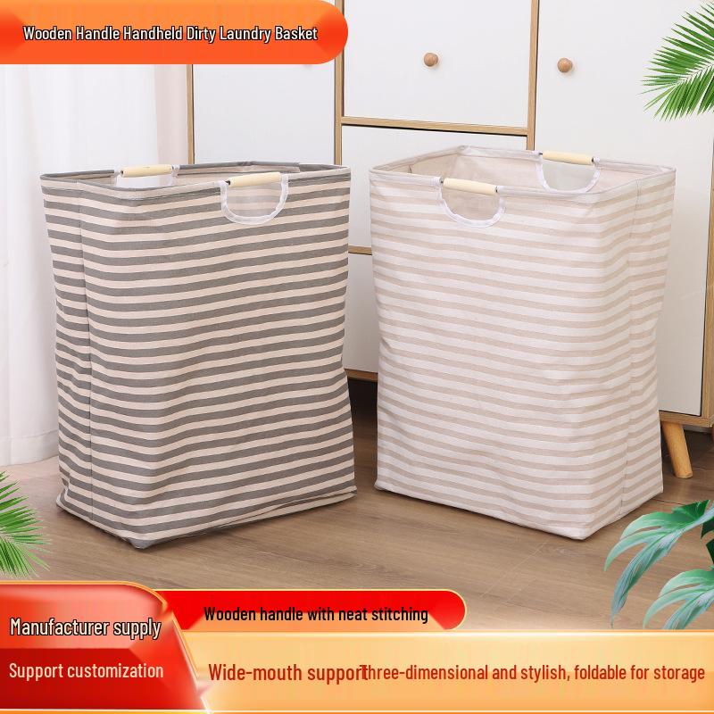 Foldable Cotton-Linen Laundry Hamper with Wooden Handle - Waterproof and Portable for Bedroom & Bathroom
