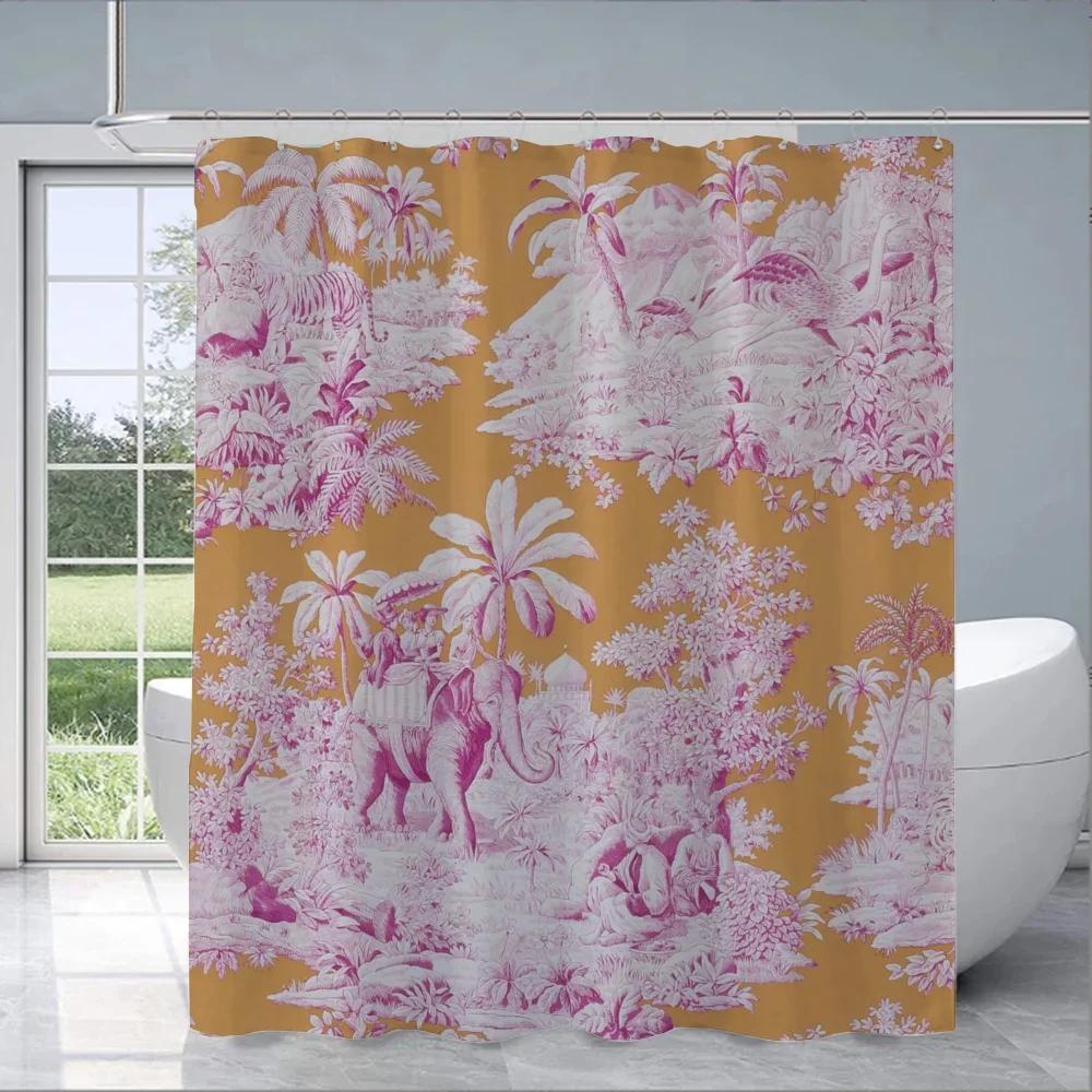 Rustic Countryside Toile Print Water-Resistant And Mildew-Resistant Shower Curtain With Classic Design For Bathroom Decor