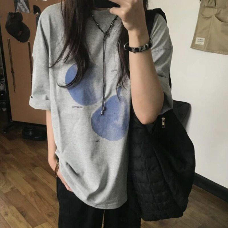 

Plus-Size Sweet and Cool American-Style Fruit Gray Short-Sleeve T-Shirt for Summer, Loose Casual Versatile Round-Neck Couple s Top Ins Light Gray M [Recommendation 40-50kg]