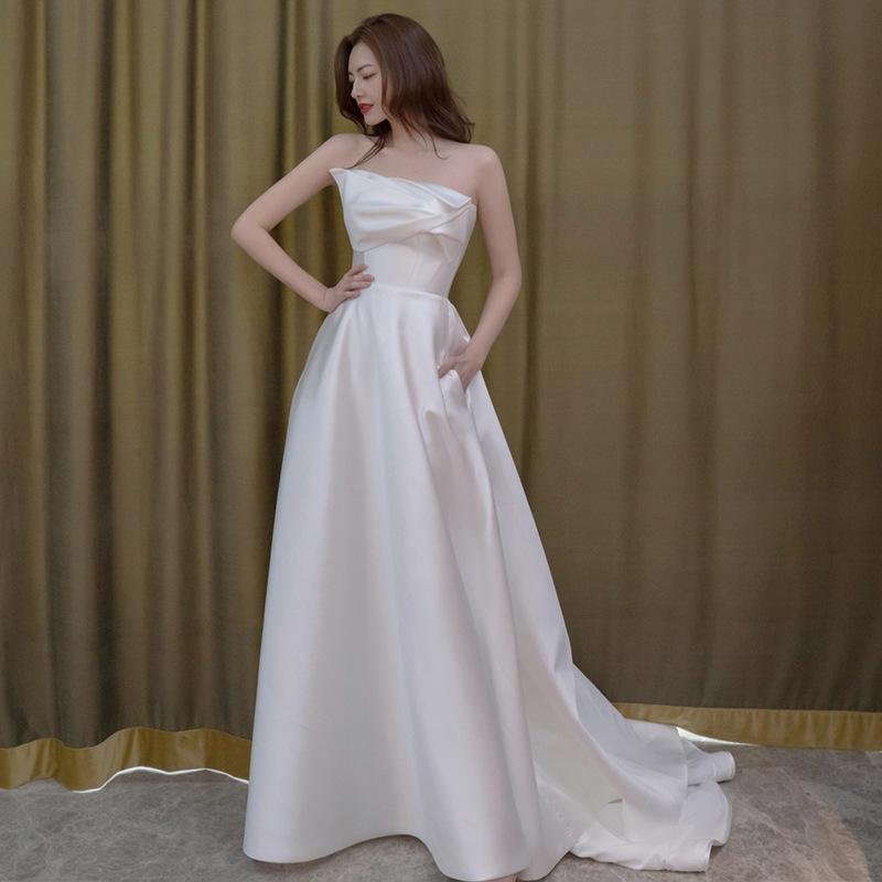 Bridal Tube Top Light Wedding Dress Simple White Satin Korean Welcome Dress Travel Photo Light Wedding Dress Mori Trailing Dress