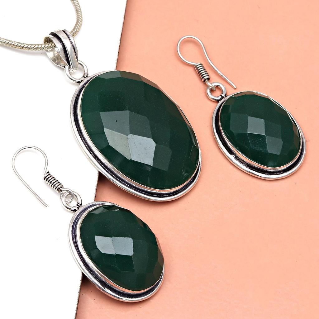 Onyx Green Pendant Set Earrings Jewelry Gemstone Handmade Ethnic