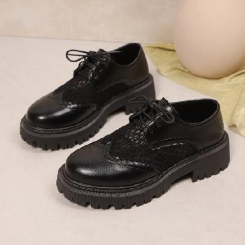 Women's Large Toe Hollow-Out Leather Dress Shoes, Thick Sole British Style Summer Flats, Breathable Plus Size Footwear