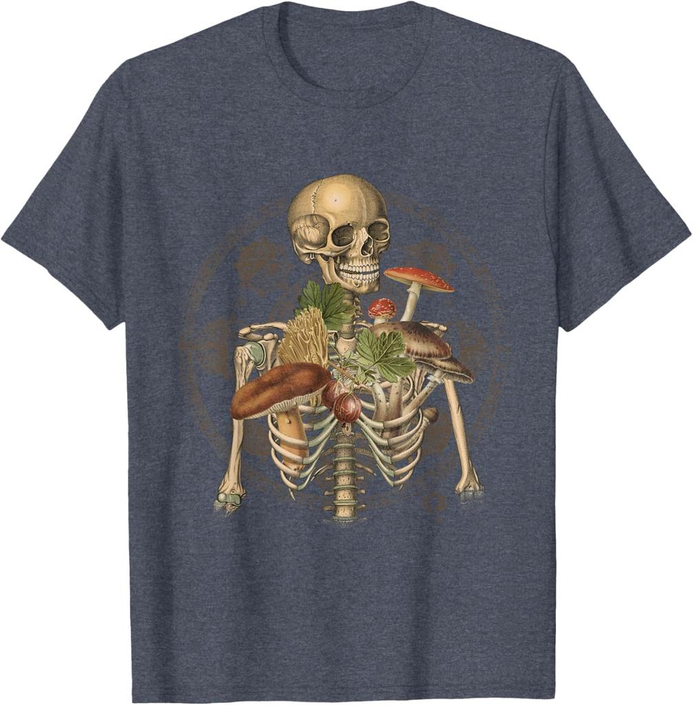 Skeleton With Mushrooms Goblincore Mycologist Fungi Graphic Tee Cotton Casual Trip T-Shirt