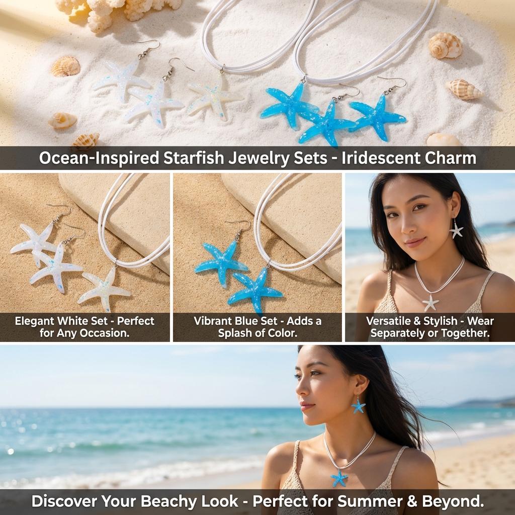 Boho Resin Starfish Necklace Earrings Set for Women Summer Beach Vacation Glitter Sea Star Choker Ocean Jewelry Accessories