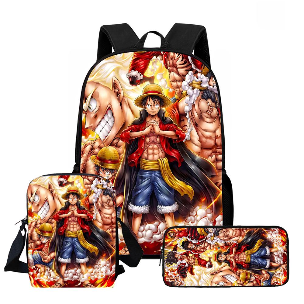 One Piece 3-In-1 Cartoon Lightweight Durable School Backpack with Crossbody Bag Pencil Case for Children Age 6-10 Primary School