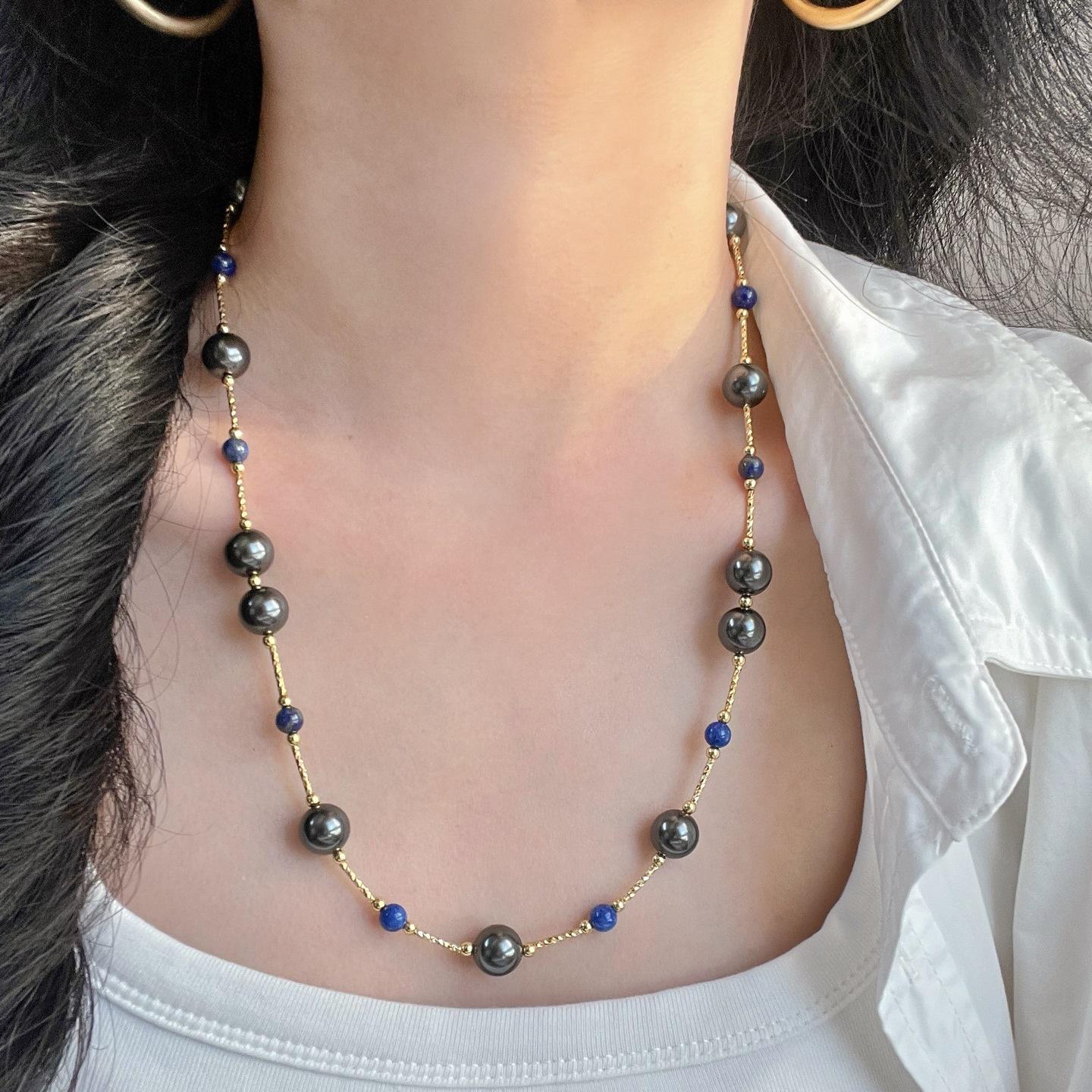 

Vintage Dark Night Black Artificial Crystal Pearl Natural Lapis Lazuli Necklace Collarbone Chain Sweater Chain