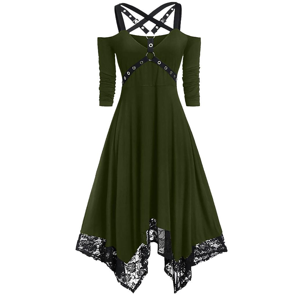 Abito Midi da Donna Spalle Scoperte con Incrocio sulla Schiena Maniche Lunghe Orlo Irregolare in Pizzo Gotico Punk Monocolore Estate 2022