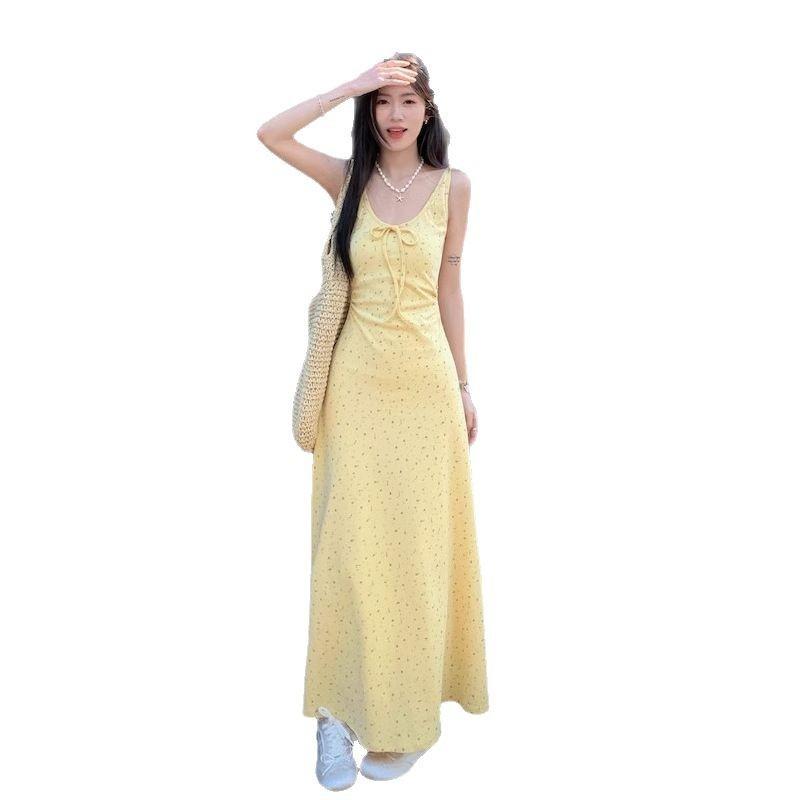 French Floral Bow Lace-up Dress Women's New Summer Temperament Slim and Thin Chic Long Skirt