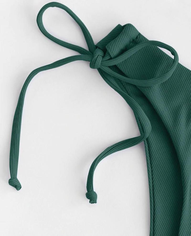 Europäische und amerikanische Damen Sexy Zweiteiler Sandstrand-Bikini-Set Solides Bademode-Set Gepolstertes Oberteil Seitlich gebundener Dreieck-Badeanzug Bandage Tankini-Badeanzug