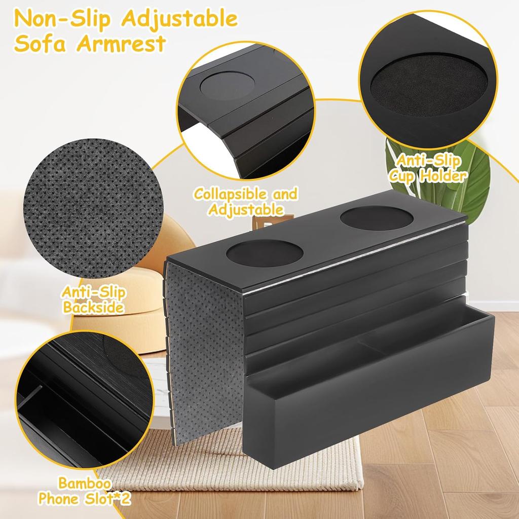 Couch Arm Tray, Couch Arm Table with 2 Non-Slip Cup Coasters and Sofa Backrest Shelf, 19.88 x 12.6 Inch Couch Cup Holder Tray, Stable and Fixed, Easy