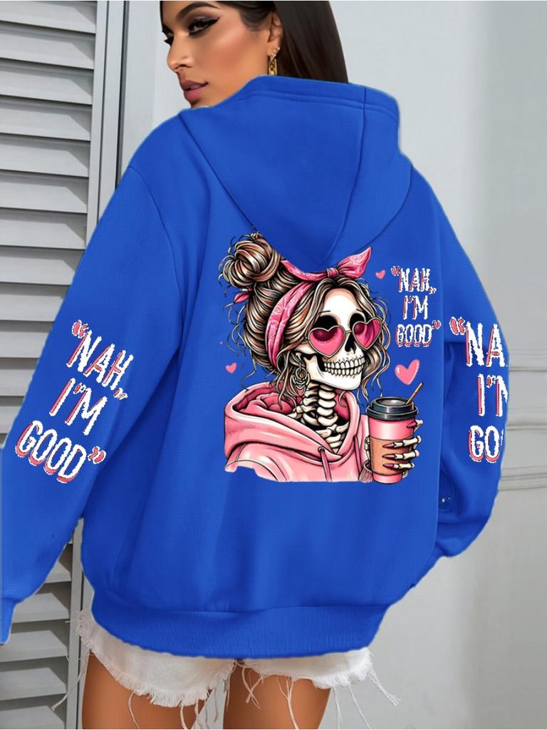 Felpa con Cappuccio da Donna Stampa Teschio Caffè Divertente Vestibilità Larga Pullover da Jogging Pile Autunno Abbigliamento Sportivo Felpa Casual