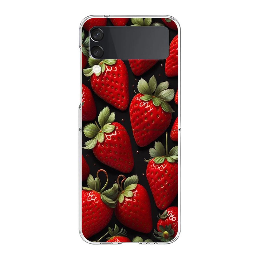 Transparent Phone Case For Samsung Galaxy Z Flip 3 4 5 6 7 Hard Folding PC Z Flip3 Flip4 Cover Summer Strawberry Flowers Print