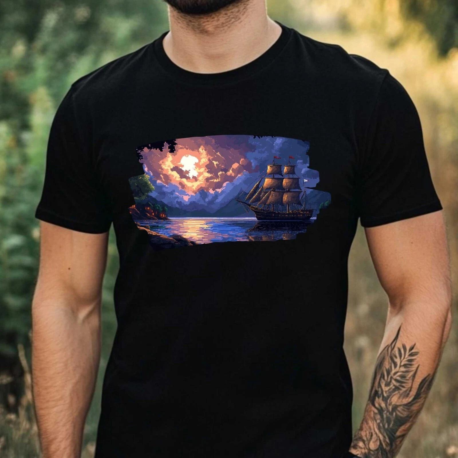 T-Shirt Herren Piratenschiff Pixel Art Motiv Baumwolle Größe XS bis 5XL M