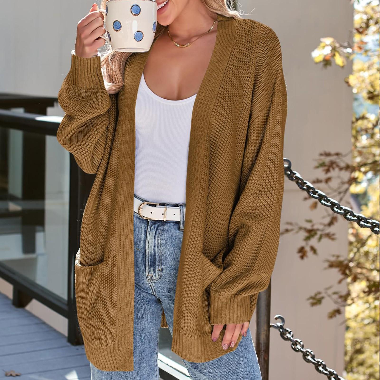 

Женский кардиган, вязаный свитер, открытый спереди, повседневный, с длинным рукавом, легкие кардиганы с карманами L верблюд