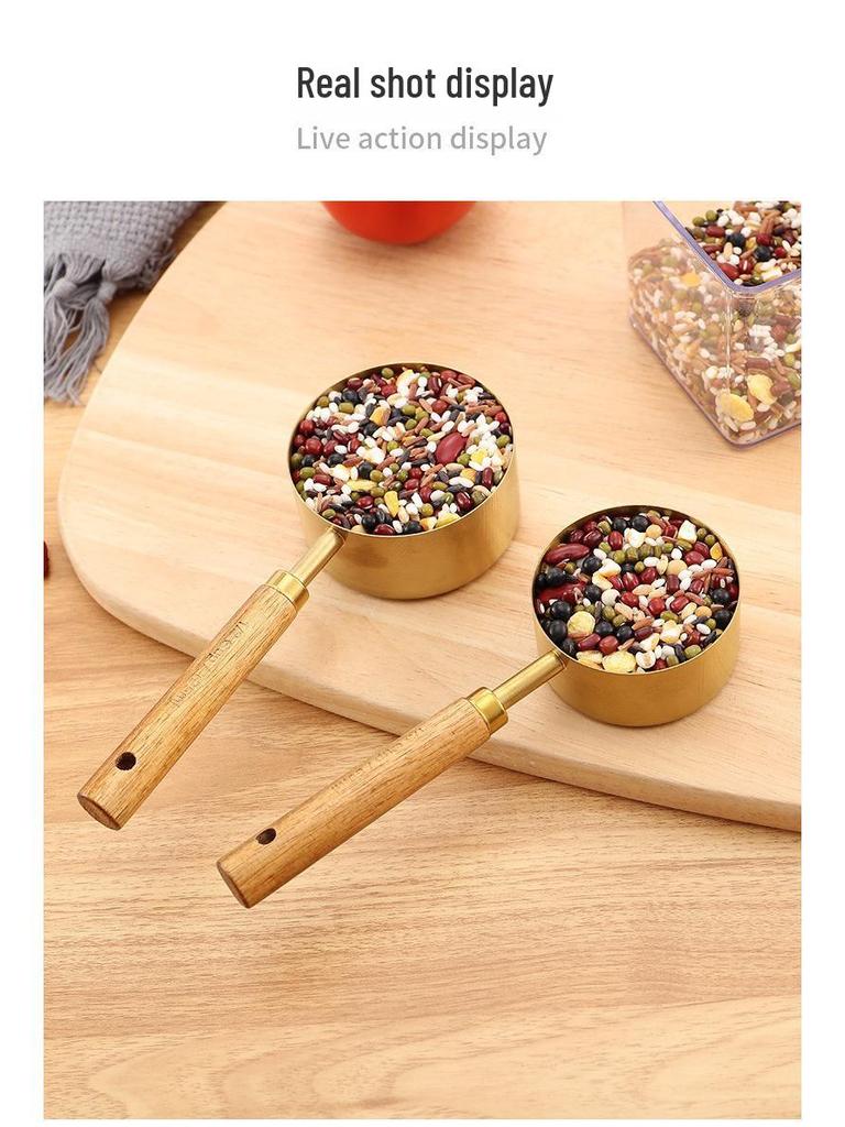 Gold Stainless Steel Measuring Cups & Spoons Set with Acacia Wood Handles - 8-Piece Baking Tool Set