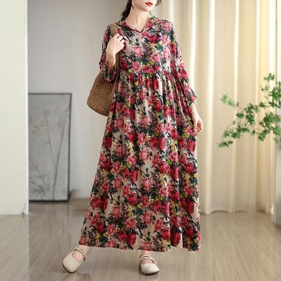 DIMANAF 2025 Women Plus Size Long Hat Dress Loose O-Neck Printing Casual Floral Oversize Long Sleeve 8105