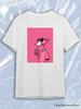 TeeSensation White Crew Neck Short Sleeve T-Shirt with Rectangular Pink Panther with Sunglasses Drinking Boba on Pink Background