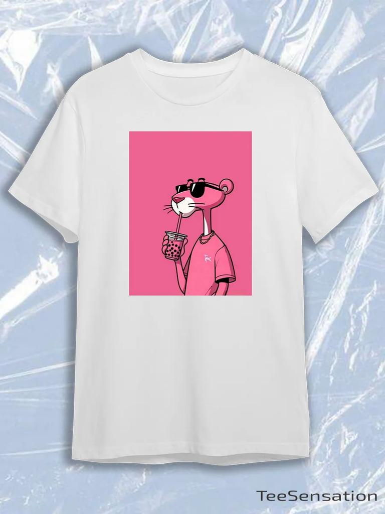 TeeSensation White Crew Neck Short Sleeve T-Shirt with Rectangular Pink Panther with Sunglasses Drinking Boba on Pink Background