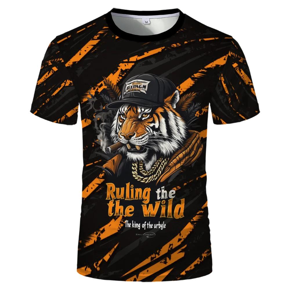 Round Neck Tie-dye Animal Pattern 3D Printed Fashionable Short Sleeved Men's T-shirts - Medium Stretch Polyester Fabric Summer Relaxed Fit Clothing