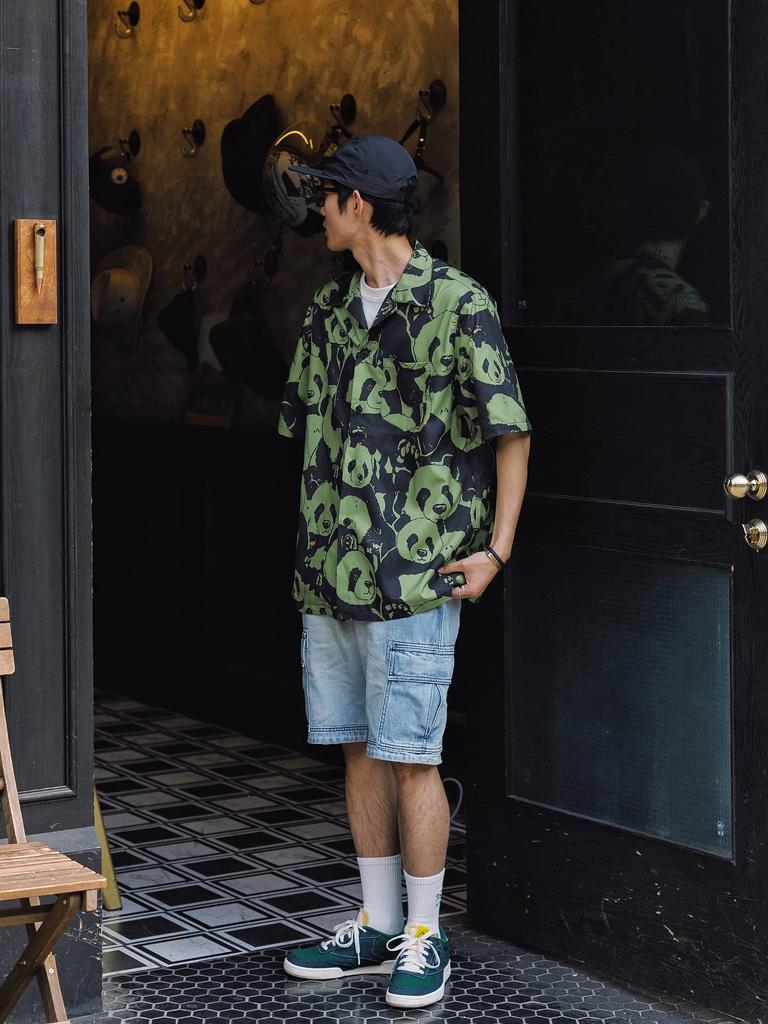 [CHANGE WELL] Men's 2023SS Fashion Summer Clothing [Panda Print] Open Collar All-Over Print Casual Loose Short Sleeve Aloha Shirt (Green, L)