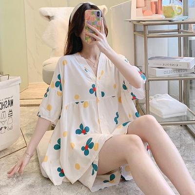 Pamuklu İpek Pijama Kadın Yaz İnce Kısa Kollu Şort Takımı Kardigan Ev Giyiminde Dış Giyim Olarak Giyilebilir