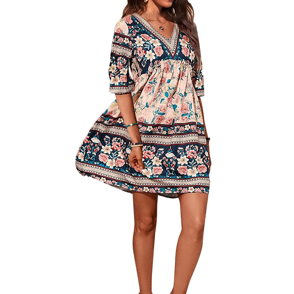 

Женское струящееся платье в стиле бохо с рюшами и цветочным принтом, с короткими рукавами и v-образным вырезом, праздничное летнее пляжное платье розового цвета XL S бежевый